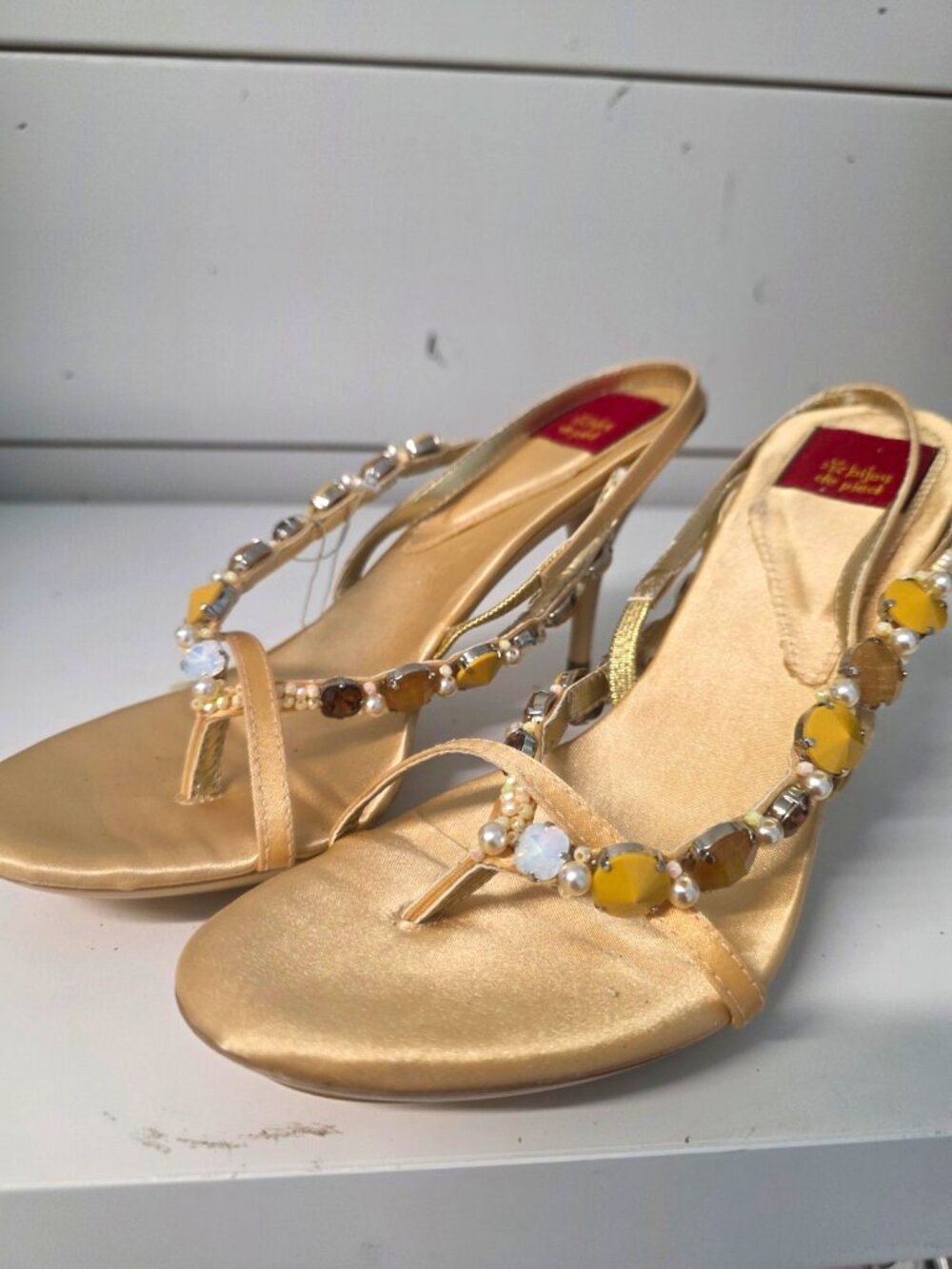 bijou de pied Gold Beaded Slingback Open Toe Stiletto Heels 7.5
